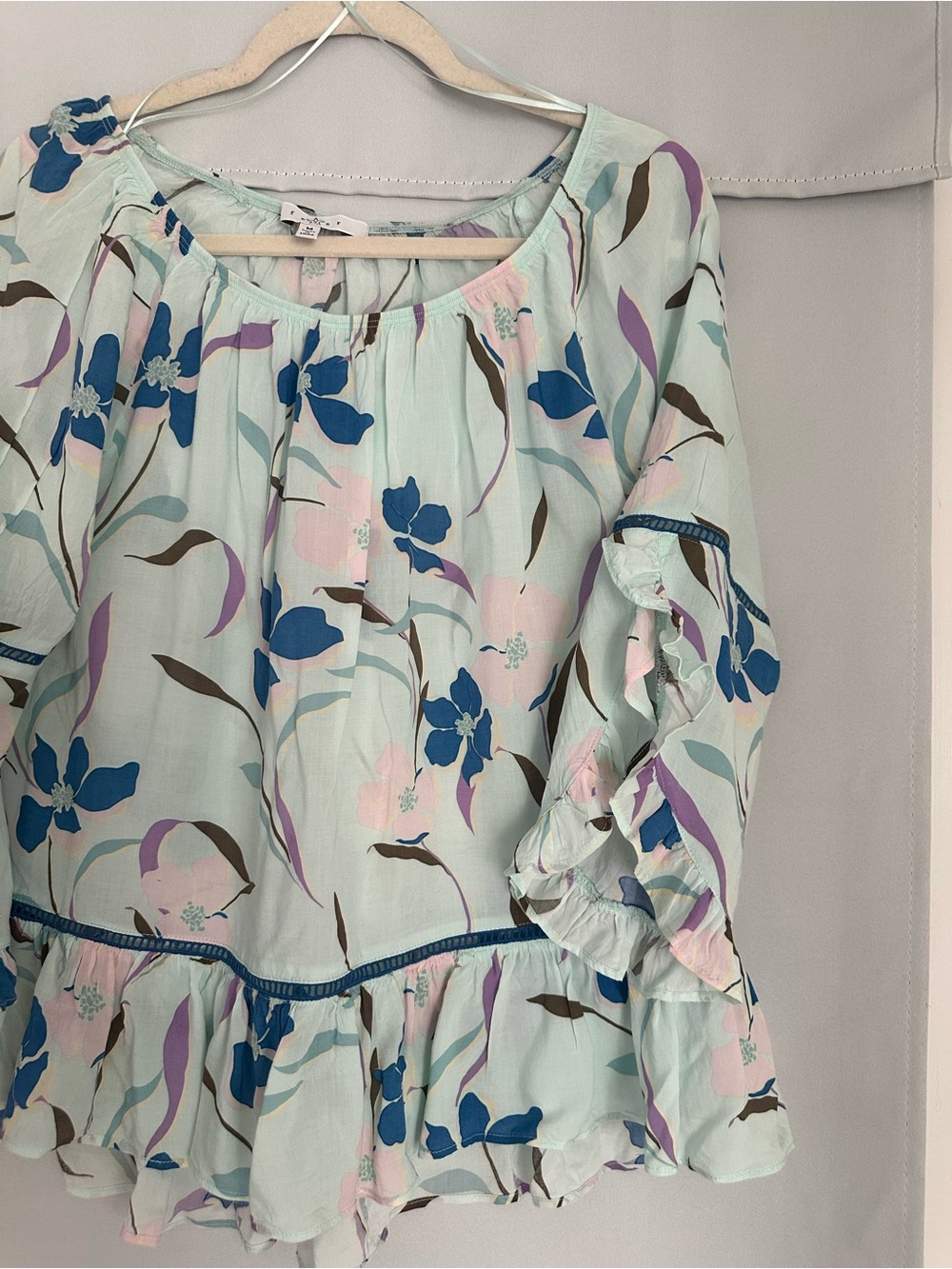 Fever Mint Floral Ruffle Blouse with Blue & Lavender Accents